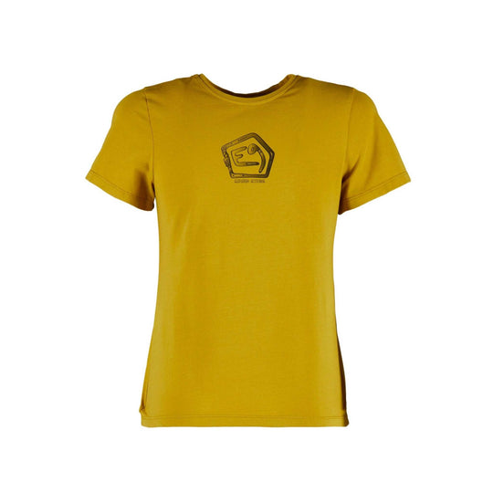 Yellow organic cotton T-shirt with front print, regular fit, outdoor climbing style, made in Italy.