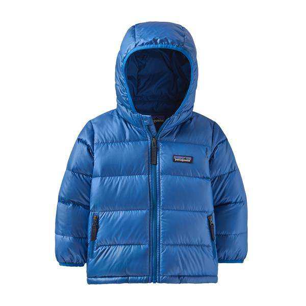 Blue baby sweater hoody with hood and zip pockets, made from recycled nylon and down.