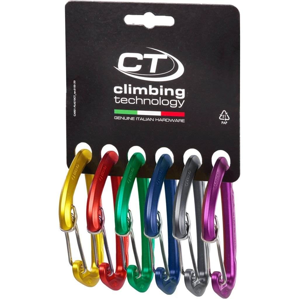Pack of six colorful Berry W carabiners for climbing.
