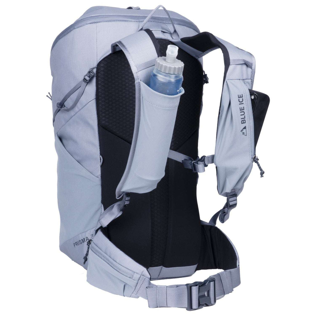Prisma 30 Pack backpack with ergonomic straps, breathable double mesh back, helmet holder, and chest pockets for hiking and climbing.