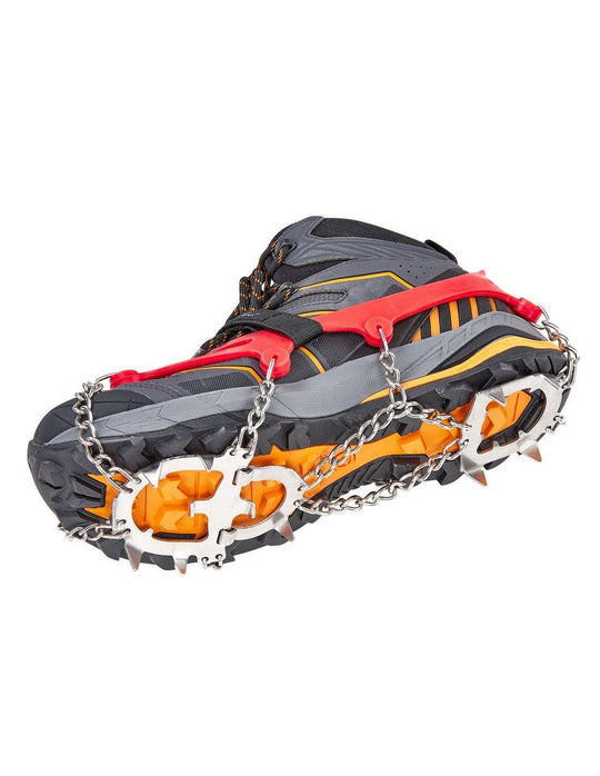 Great Escapes Ice Crampons 202X000, taglia L rossa, vista inferiore su scarpone dimostrativo