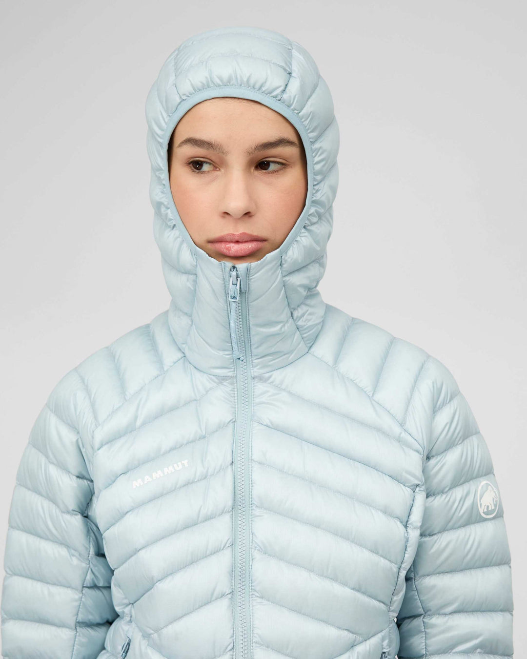 Mammut Broad Peak In Hooded Jacket Women - Nebla - dettaglio cappuccio frontale