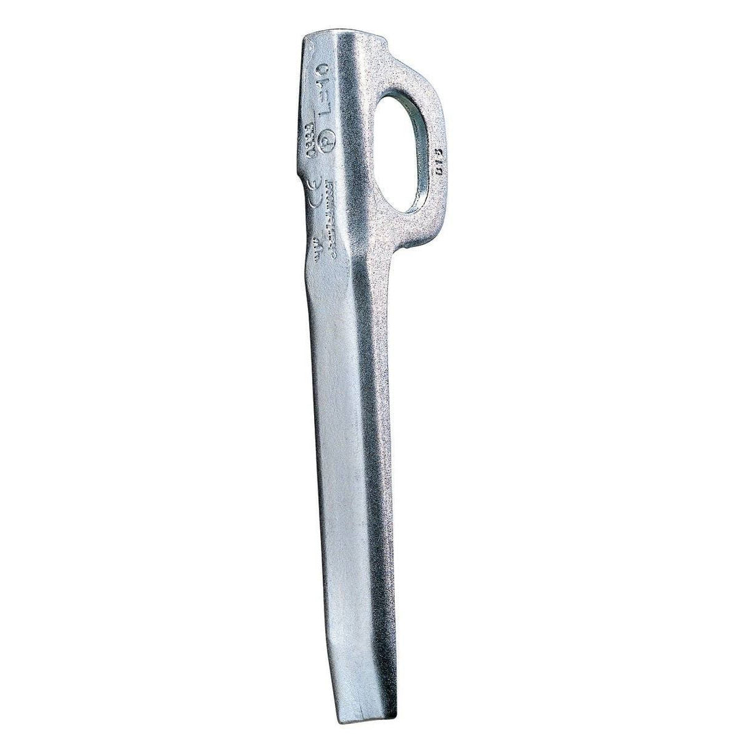 Forged semihard steel chiodo for wide fissures in limestone and granite.