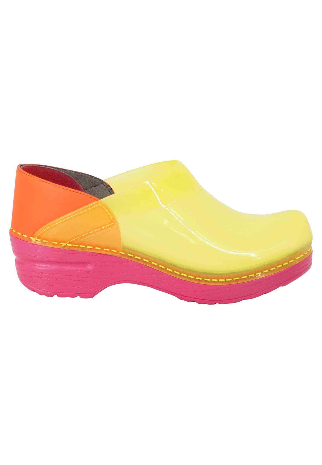 Dansko Professional clogs, yellow translucent finish with pink sole.