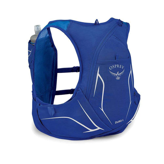 Trail running vest Duro 6 with hydration flasks and storage pockets.