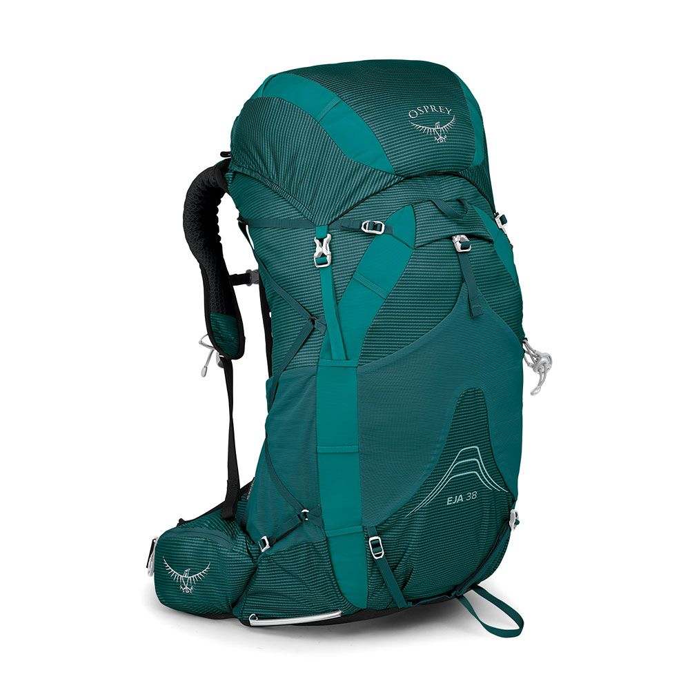 Ultralight Eja 38 women's hiking backpack with adjustable suspension, side mesh pockets, and recycled materials.