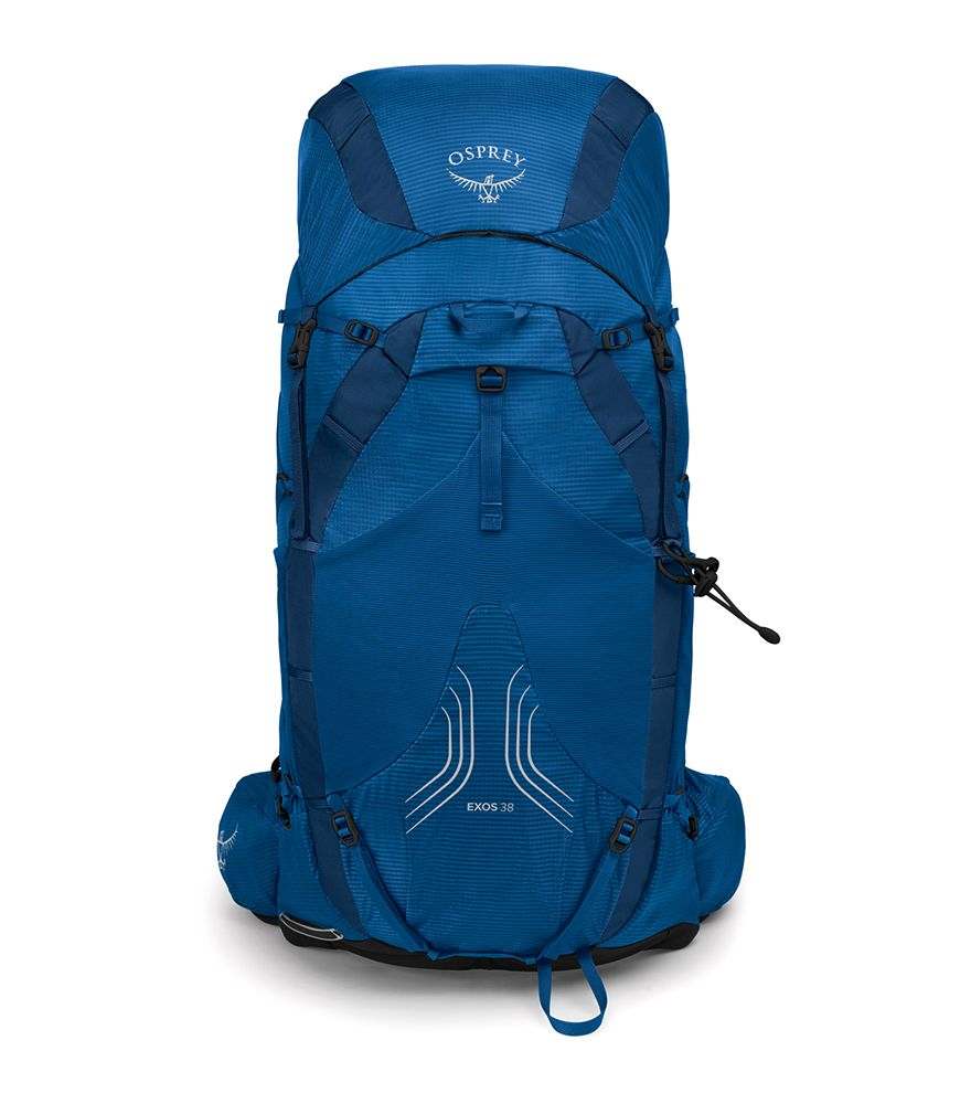 Ultralight Exos 48 blue backpack with adjustable AirSpeed suspension and multiple pockets for hiking.