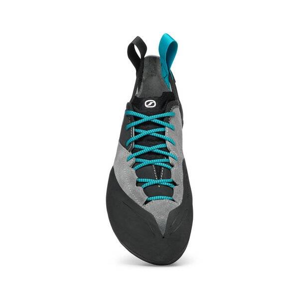 Mid Gray climbing shoe Generator Mid with suede upper and turquoise laces, designed for comfort and performance in traditional climbing.