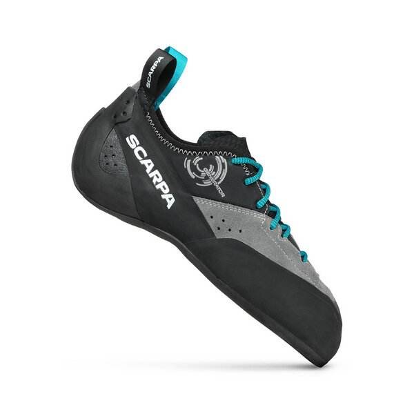 Mid gray climbing shoe, designed for traditional climbing, offering ankle protection and comfort with suede upper.