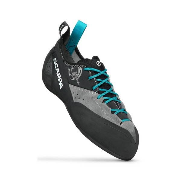 Mid gray climbing shoe, Generator Mid, offers comfort, ankle protection, and stability for traditional climbing; suede upper and Vibram XS Edge sole.