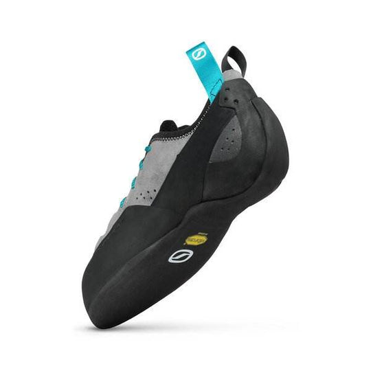 Mid Gray Generator climbing shoe designed for trad climbers, featuring a suede upper, PAF heel system, and Vibram XS Edge sole.
