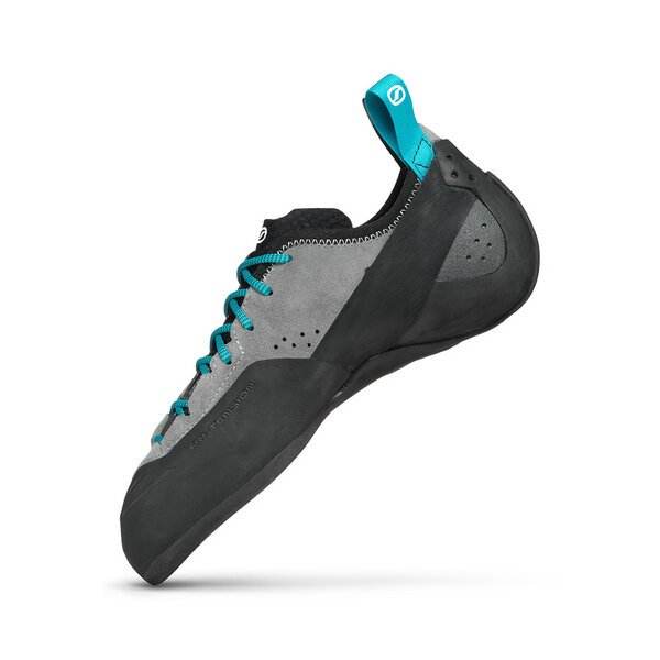 Mid gray climbing shoe, Generator Mid, with suede upper, reinforced ankle, and Vibram XS Edge sole for traditional, multi-pitch climbing.