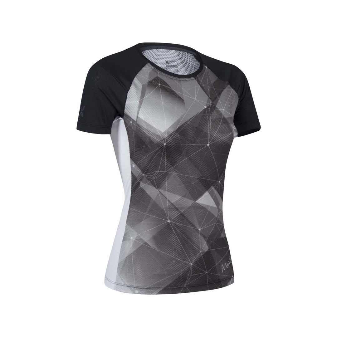 Ghost T-Shirt Woman in lightweight polyester microfresh jersey, black and gray geometric design, ideal for running and aerobics.