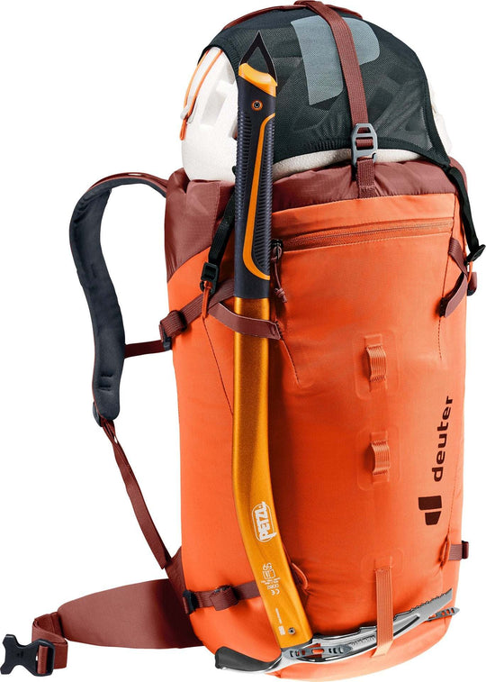 Orange Guide 28 SL backpack with ice axe attachment and helmet holder.