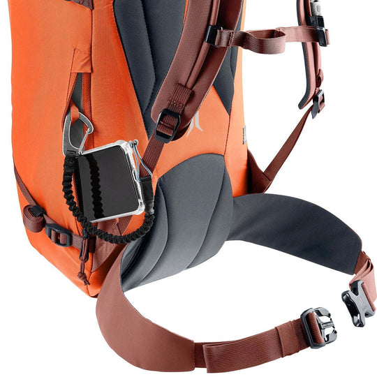 Orange Guide 28 SL backpack with ergonomic straps and phone holder.