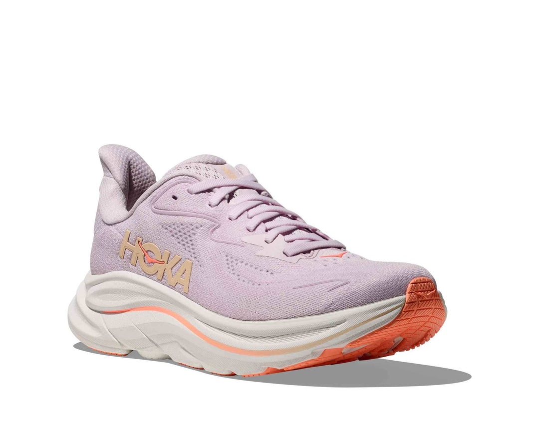 HOKA Clifton 10 donna Lilac Cream/Tangerine Glow, vista di tre quarti frontale