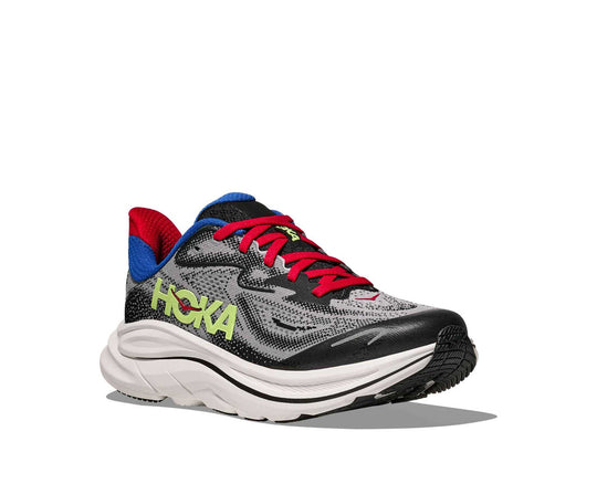 HOKA Clifton 10 Big Kids bambini Foggy Grey/Black, vista di tre quarti frontale