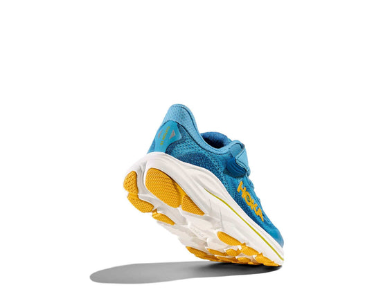 HOKA Clifton 10 Little Kids bambini Alpine Blue/Foggy Night, vista inclinata con suola visibile