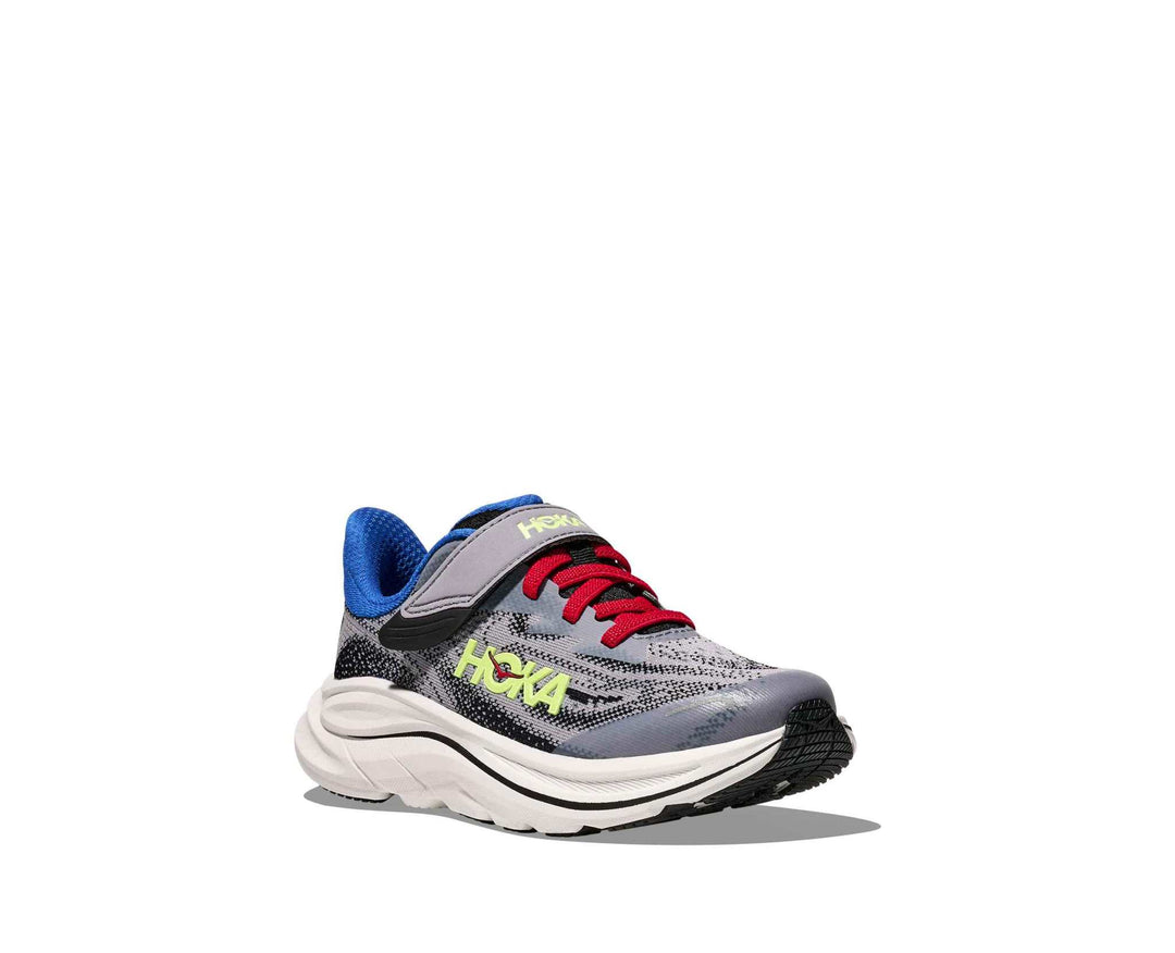HOKA Clifton 10 Little Kids bambini Foggy Grey/Black, vista di tre quarti frontale