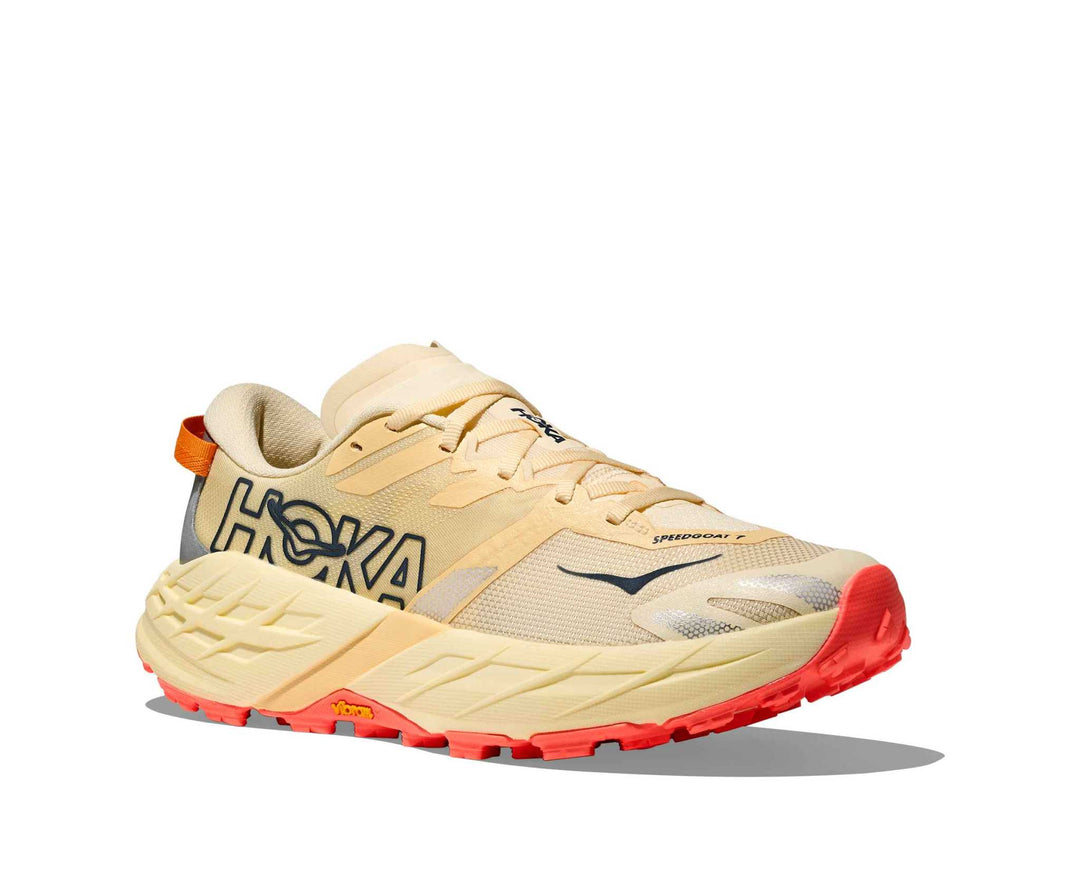 HOKA Speedgoat 7 donna Vintage Yellow/Neon Flame, vista di tre quarti frontale