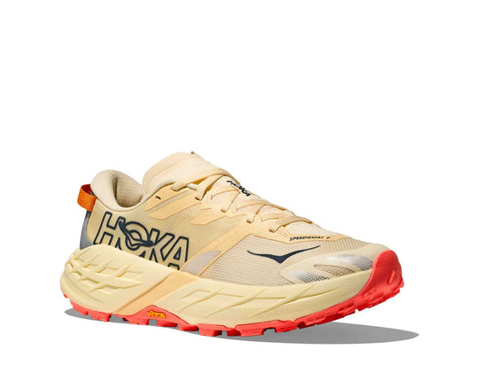 HOKA Speedgoat 7 donna Vintage Yellow/Neon Flame, vista di tre quarti frontale