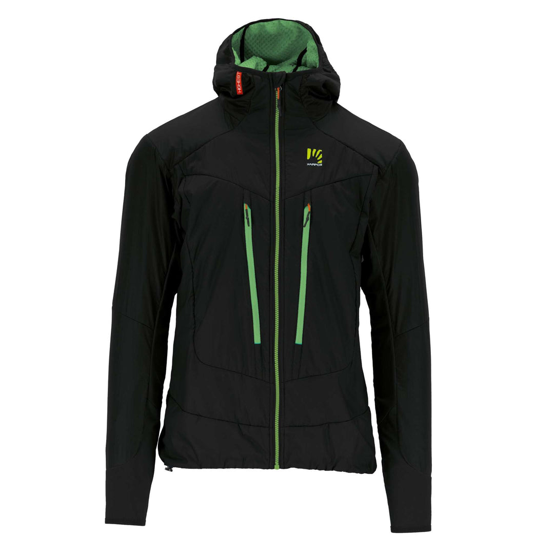 K-Performance Hybrid Jacket in black with green zippers, designed for versatile mountain use, featuring lightweight nylon fabric, DWR treatment, and breathable underarm panels.