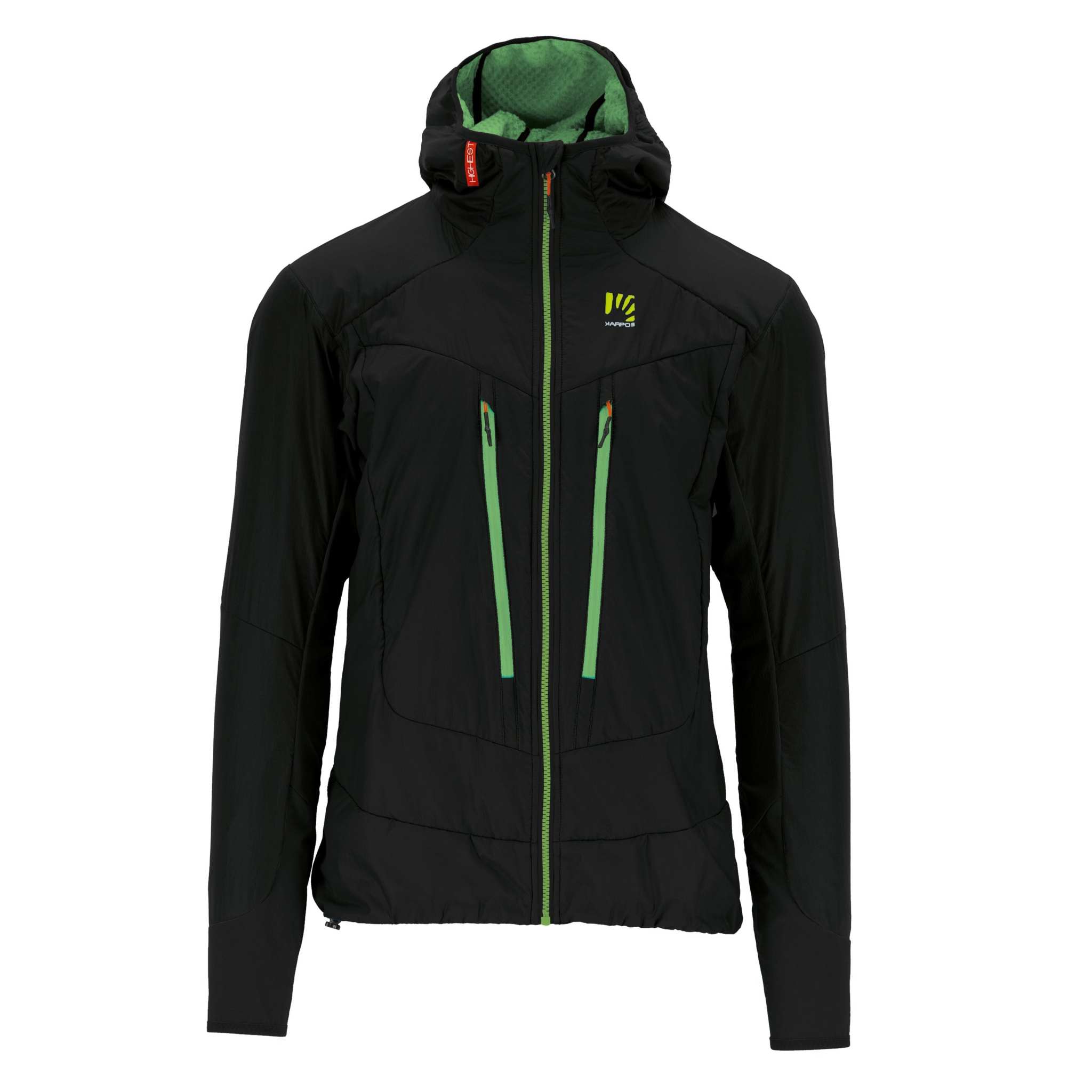 K-Performance Hybrid Jacket in black with green zippers, designed for versatile mountain use, featuring lightweight nylon fabric, DWR treatment, and breathable underarm panels.