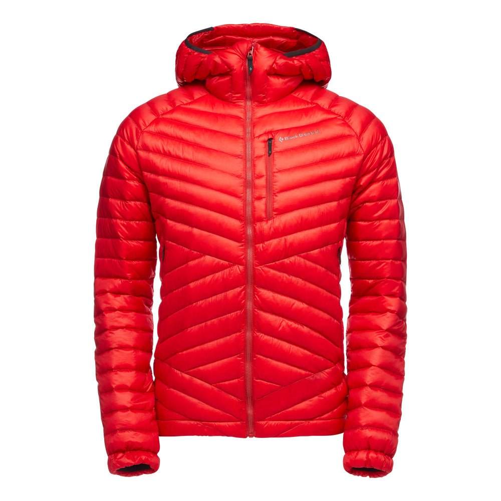 Red "M Approach Down Hoody" with high-quality 800 CUIN goose down insulation and water-resistant nylon ripstop fabric, ideal for climbing and outdoor activities.