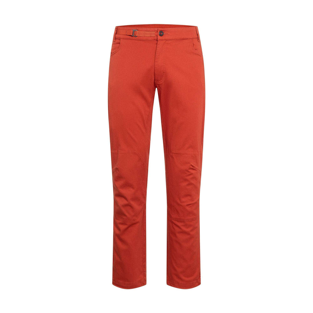Red M Credo Pants with button and belt loop details.