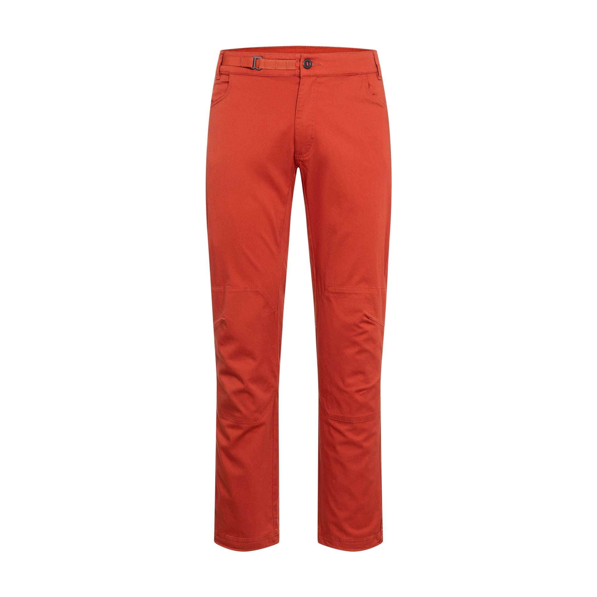 Red M Credo Pants with button and belt loop details.