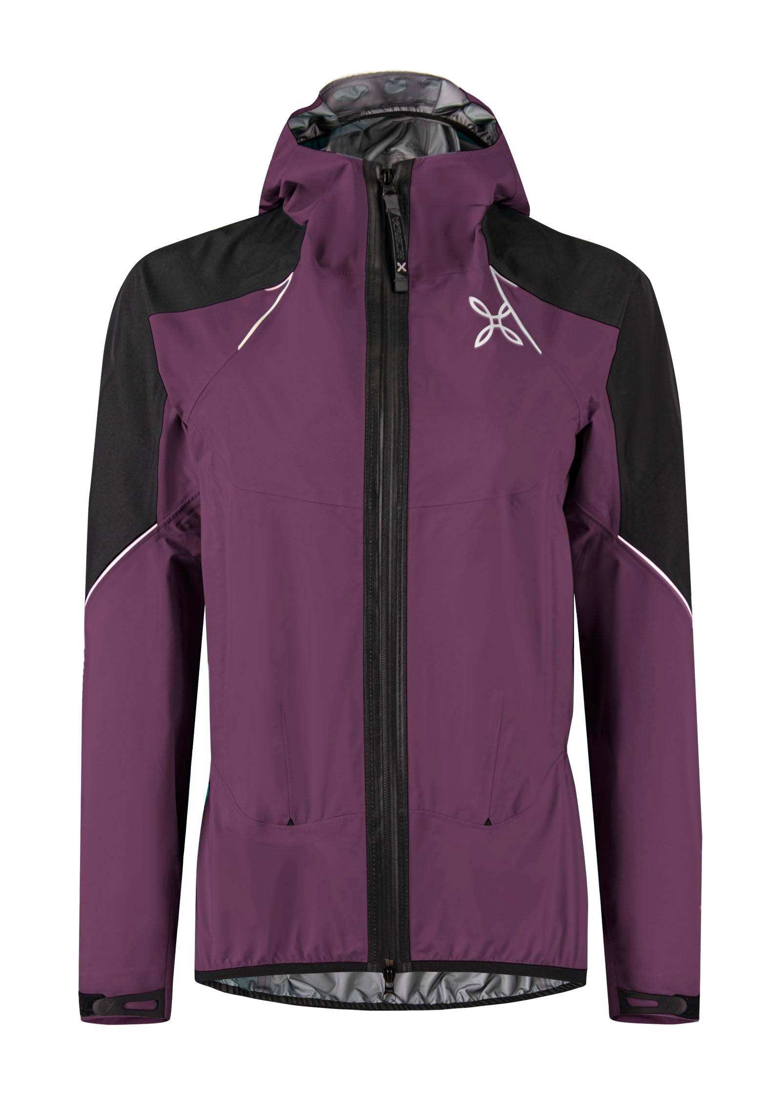 Women's waterproof jacket with hood, GORE-TEX nylon, zip pockets, adjustable cuffs. Ideal for running, climbing.
