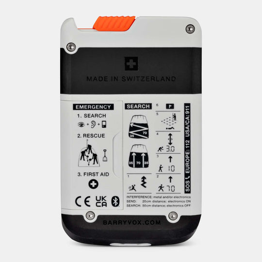 Mammut Barryvox 2 White, vista posteriore con istruzioni di emergenza