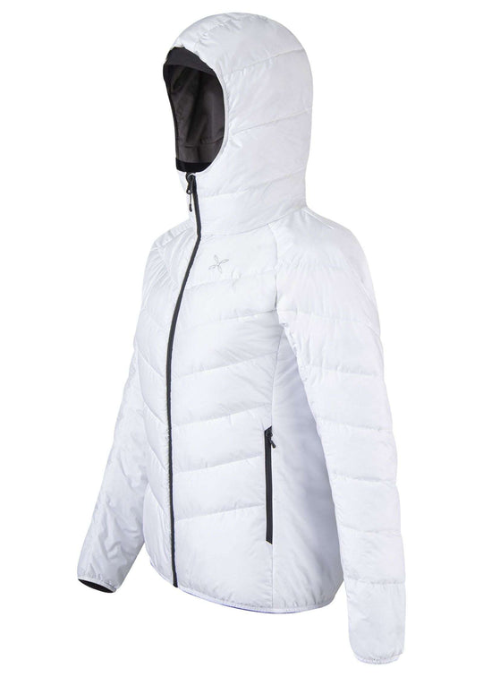 Women's insulated hooded jacket, nylon fabric, zippered pockets, recycled polyester filling, suitable for cold weather outdoor activities.