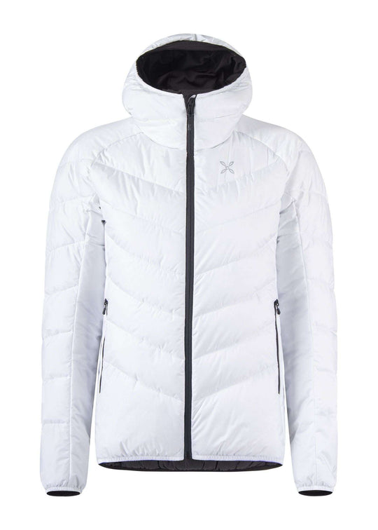 Women's insulated jacket with hood, white, recycled polyester filling, nylon 2-layer fabric.