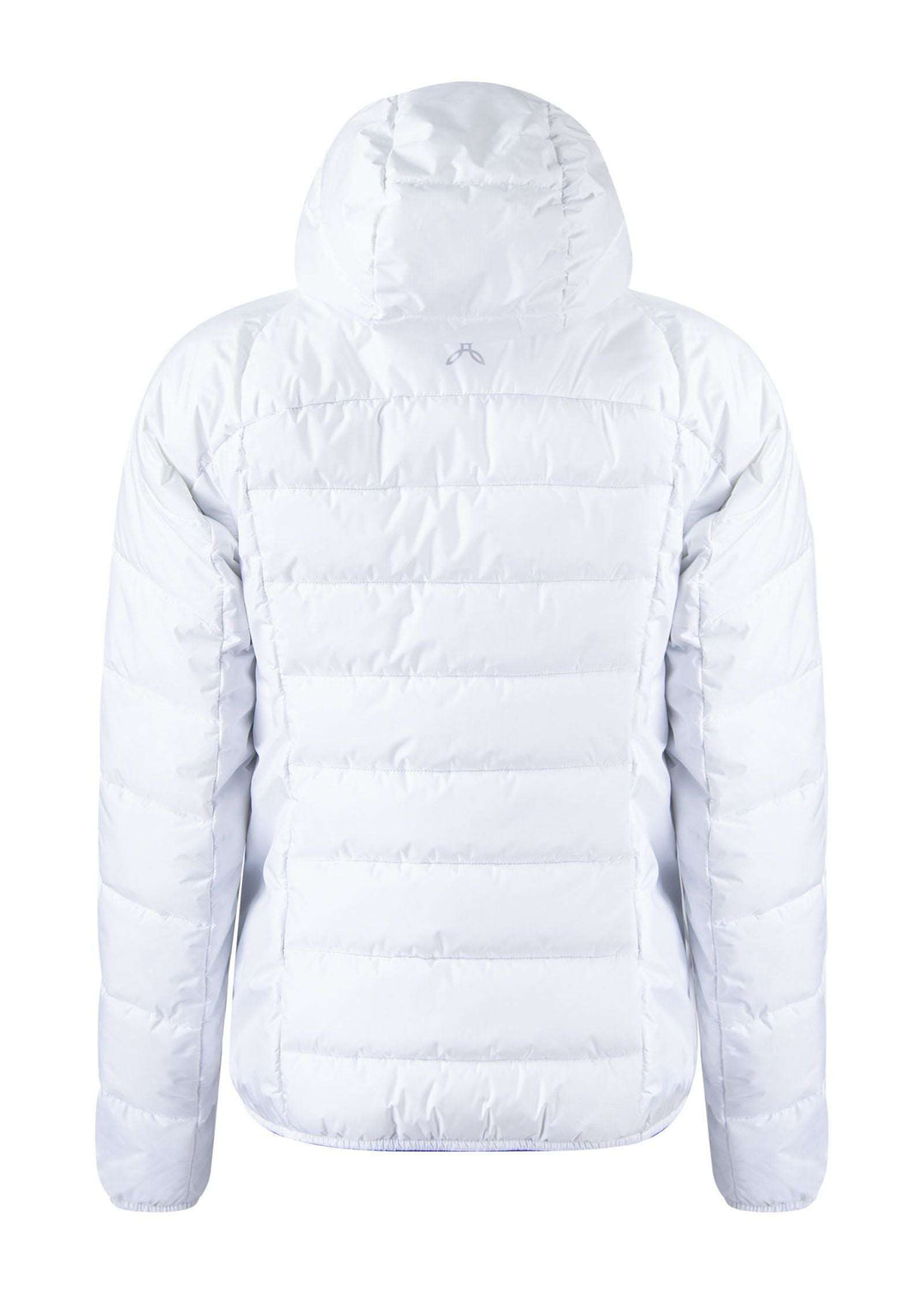 Women's insulated hooded jacket, white nylon, recycled polyester filling, elastic cuffs and hem, ideal for cold weather outdoor activities.
