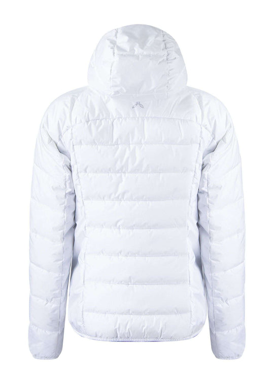 Women's insulated hooded jacket, white nylon, recycled polyester filling, elastic cuffs and hem, ideal for cold weather outdoor activities.