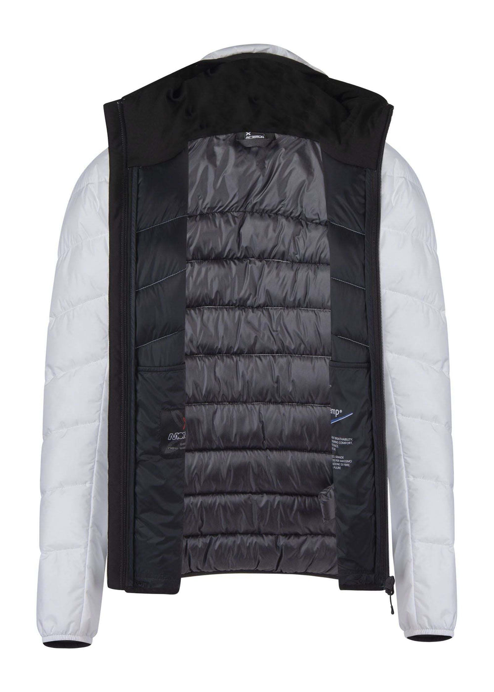 Women's padded jacket with hood, nylon fabric, zipper closure, elastic cuffs.