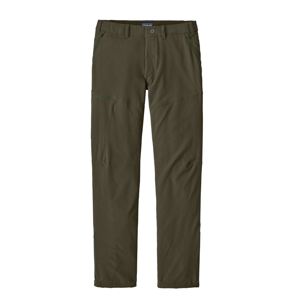 Men's Altvia Trail Pants (Reg) in recycled polyester and elastane, olive green, featuring a Fair Trade Certified™ label and preformed leg structure.