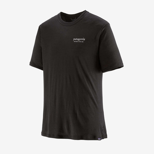Cap Cool Merino Graphic Shirt in black, breathable merino wool, odor control, Fair Trade Certified, Patagonia logo.