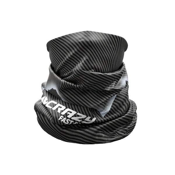 Lightweight multi-use neck gaiter in patterned fabric, seamless Primaloft yarn.