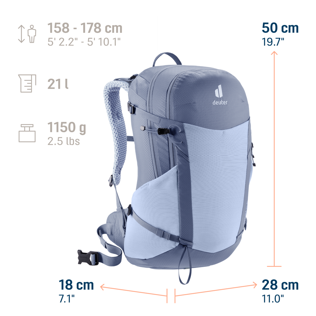 Deuter Futura 21 SL Polar/Bluejay, infografica con dimensioni, volume e peso