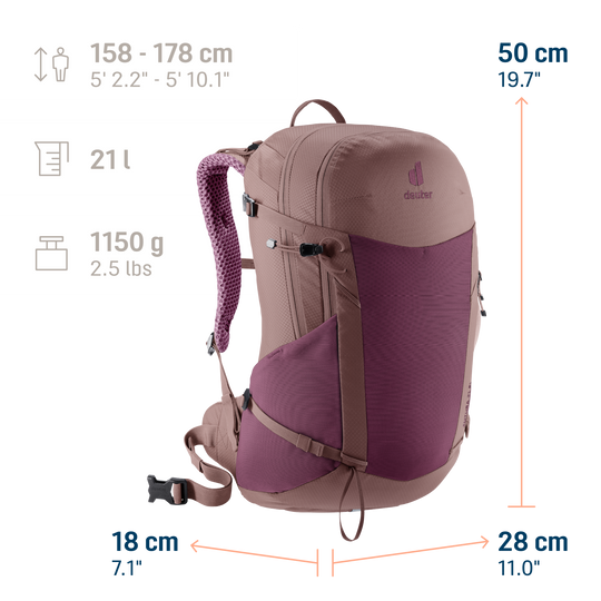 Deuter Futura 21 SL Cassis/Ashrose, infografica con dimensioni, volume e peso
