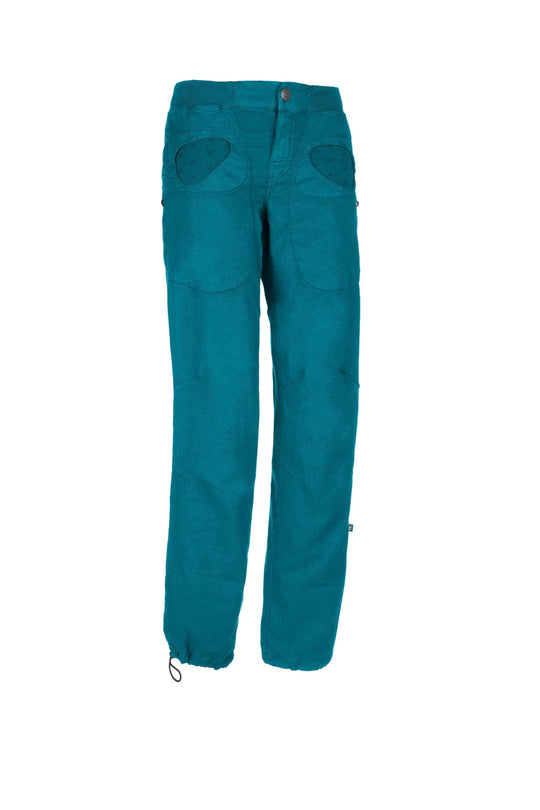 Outdoor climbing pants in linen and organic cotton blend, teal color, with adjustable cuffs and waist, featuring embroidery and brush holders; Onda Flax.