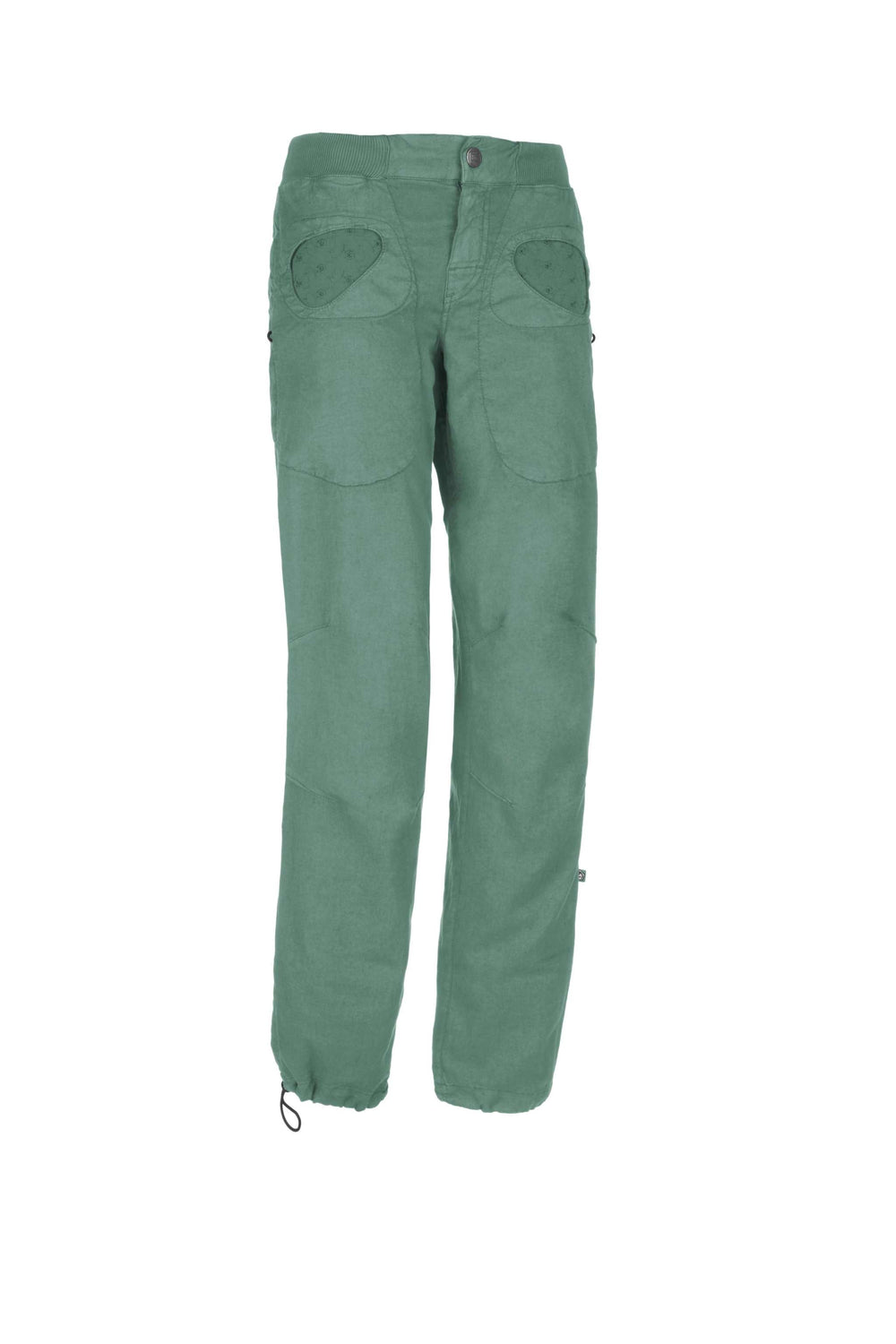 Outdoor climbing pants in green linen and organic cotton blend, featuring adjustable waist and leg cuffs, with side brush holders and rear embroidery.