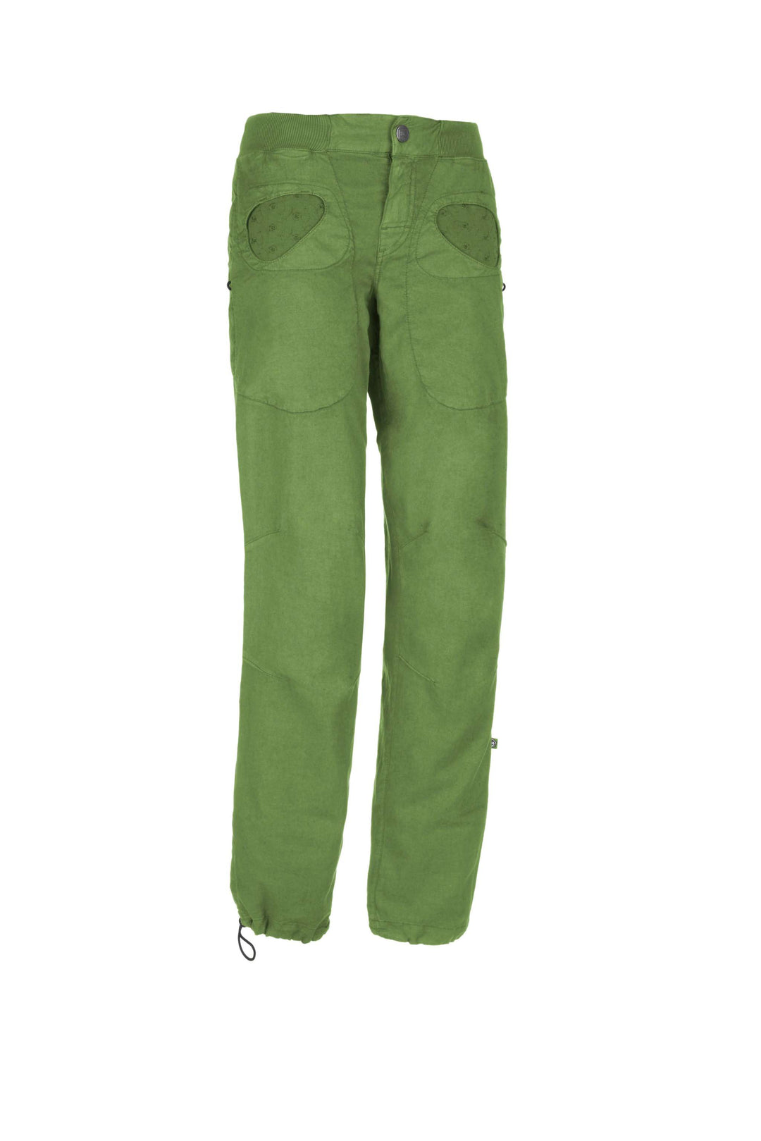 Onda Flax outdoor climbing pants in green linen-cotton blend, adjustable waist and cuffs.