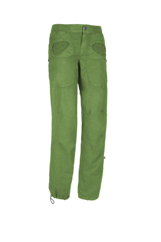 Onda Flax outdoor climbing pants in green linen-cotton blend, adjustable waist and cuffs.