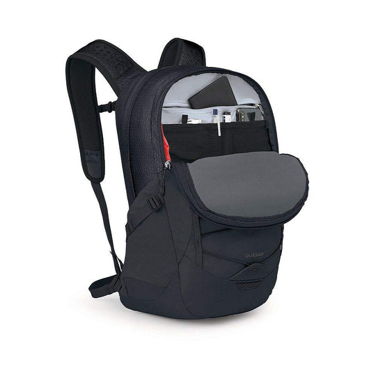Zaino Quasar blu scuro in tessuto, con tasche frontali, zip rossa e scomparto interno imbottito a vista.