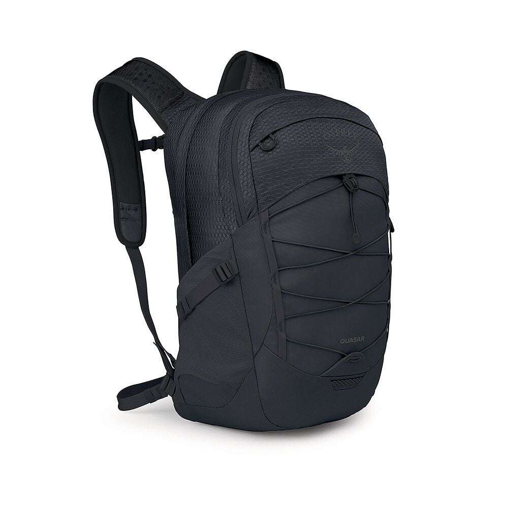 Zaino Quasar nero in nylon riciclato a nido d’ape, con tasche frontali e cordini elastici regolabili.