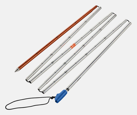 Rescue set including Diract Voice device, lightweight avalanche probe, and ergonomic aluminum shovel.