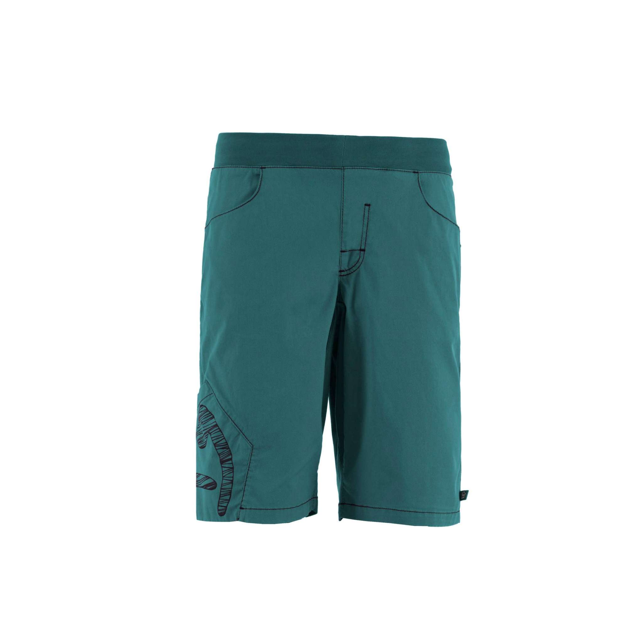 Urban climbing shorts, green, stretch fabric, side print pocket, Pentago Peace.